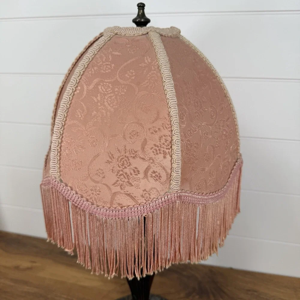 Vtg Victorian Fringed Lamp Shade Only Art Nouveau Brocade‎ Panels Scalloped Edge